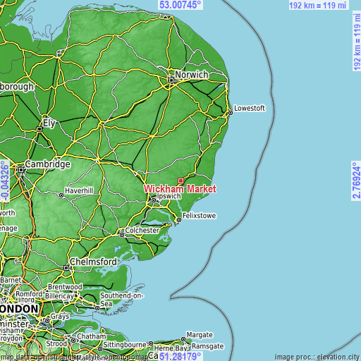 Topographic map of Wickham Market