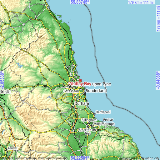 Topographic map of Whitley Bay