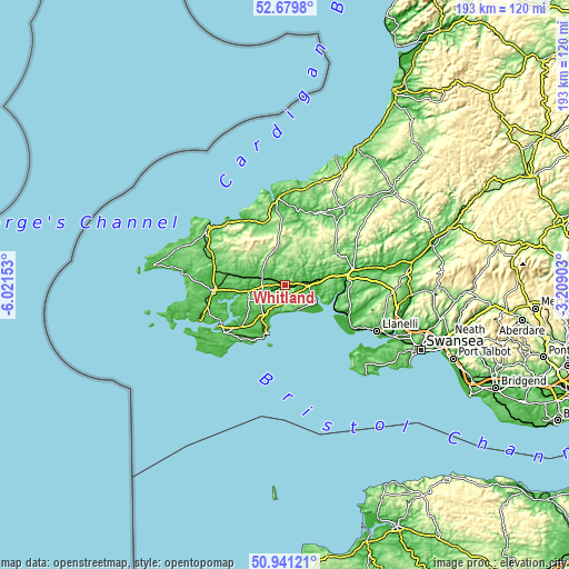 Topographic map of Whitland