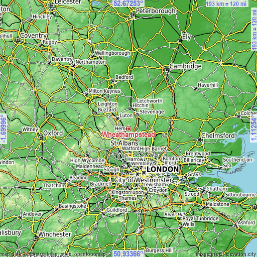 Topographic map of Wheathampstead