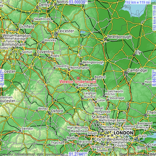 Topographic map of Weston Underwood