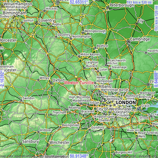 Topographic map of Weston Turville