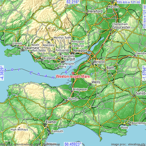 Topographic map of Weston-super-Mare