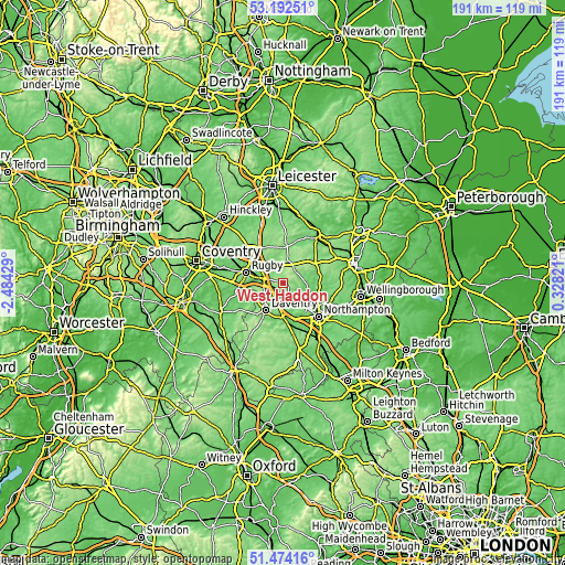 Topographic map of West Haddon