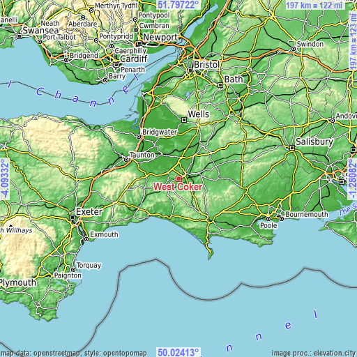 Topographic map of West Coker