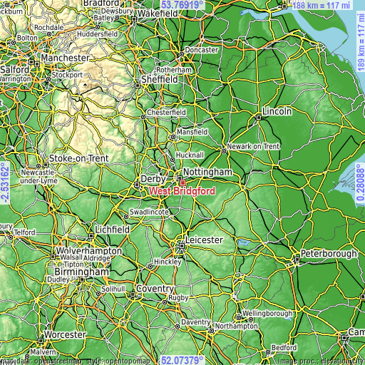 Topographic map of West Bridgford
