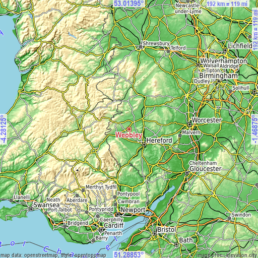 Topographic map of Weobley