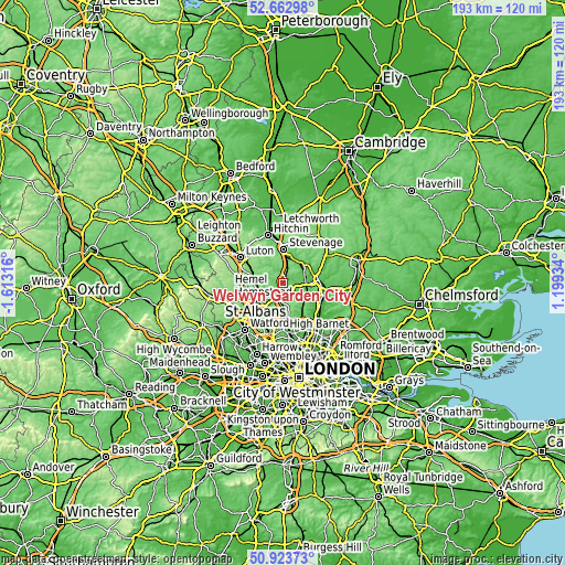Topographic map of Welwyn Garden City