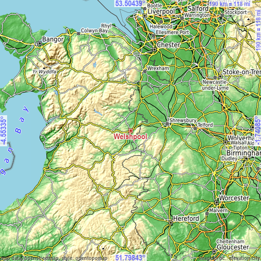 Topographic map of Welshpool