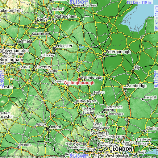 Topographic map of Wellingborough