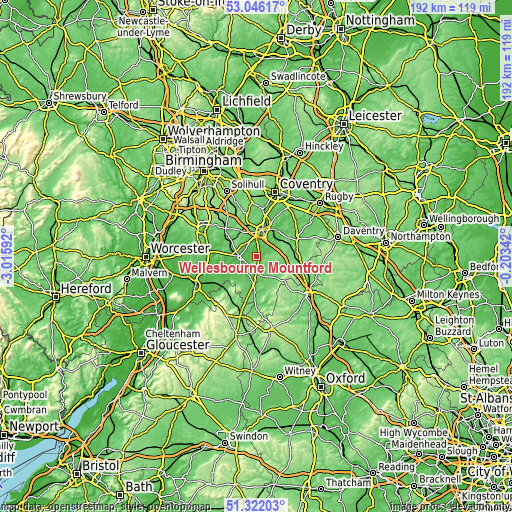 Topographic map of Wellesbourne Mountford