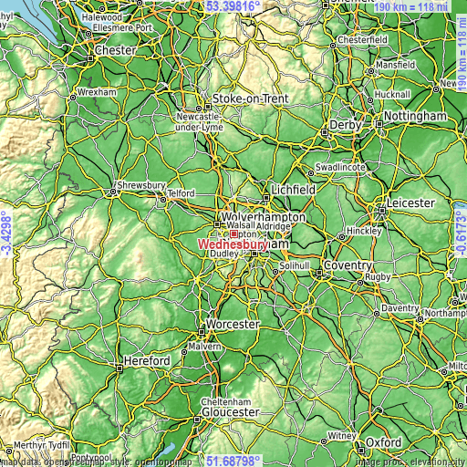 Topographic map of Wednesbury