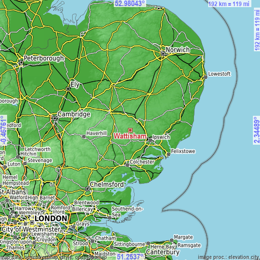 Topographic map of Wattisham