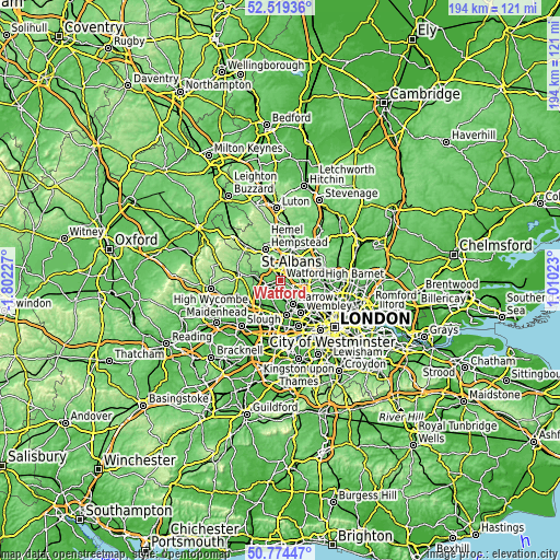 Topographic map of Watford