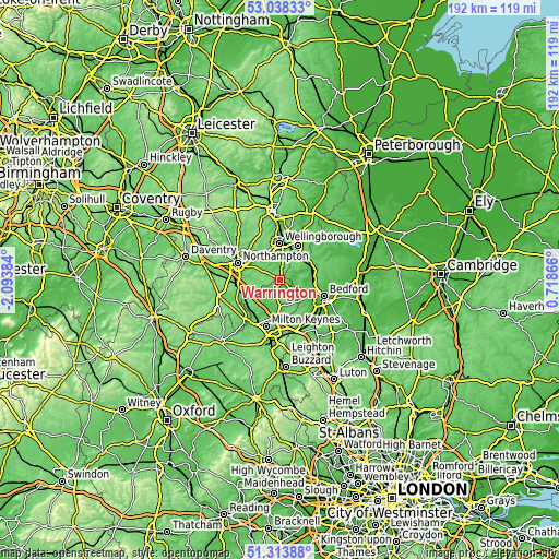 Topographic map of Warrington