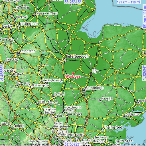 Topographic map of Warboys