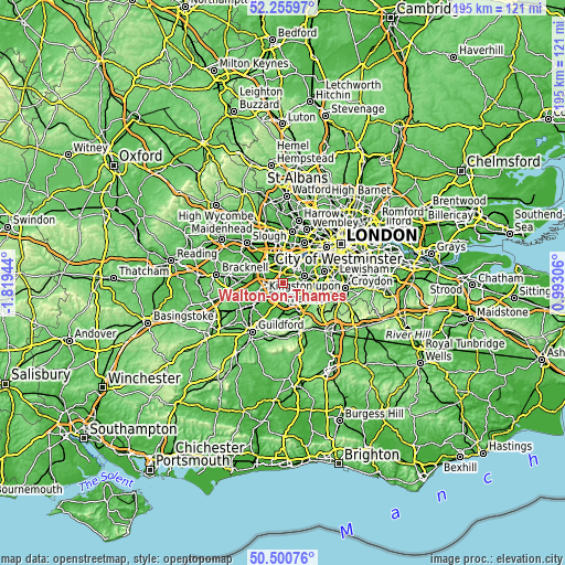 Topographic map of Walton-on-Thames