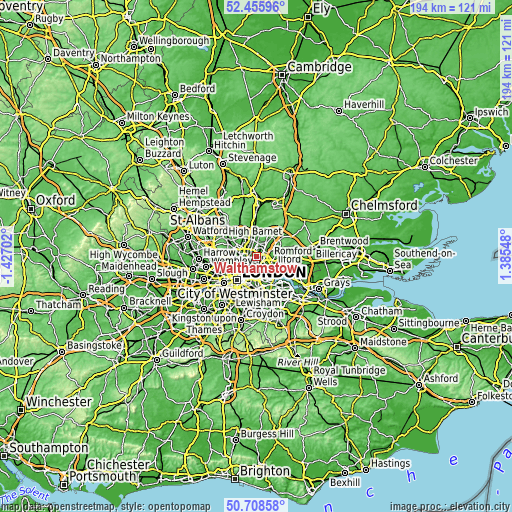 Topographic map of Walthamstow