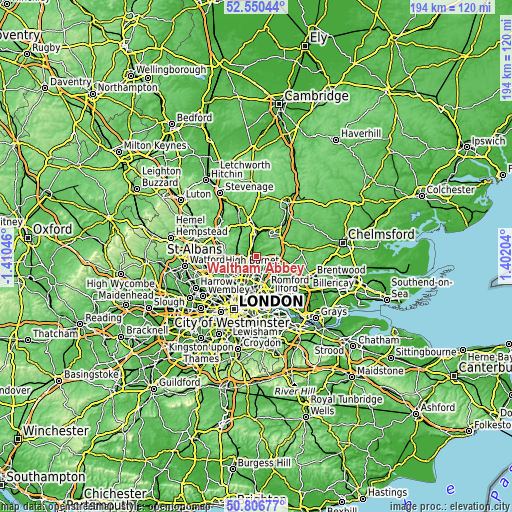 Topographic map of Waltham Abbey