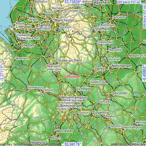 Topographic map of Uttoxeter