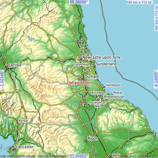 Topographic map of Ushaw Moor