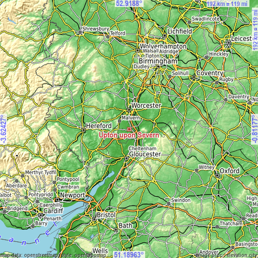Topographic map of Upton upon Severn