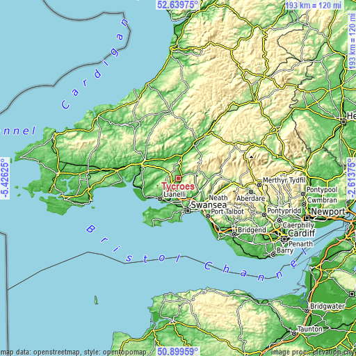 Topographic map of Tycroes