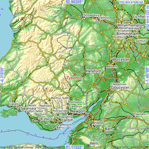 Topographic map of Tyberton