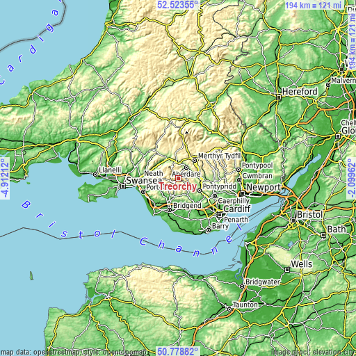 Topographic map of Treorchy