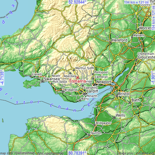 Topographic map of Treharris