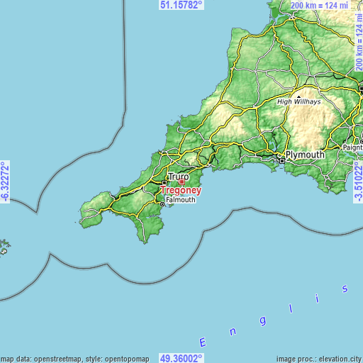 Topographic map of Tregoney