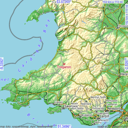 Topographic map of Tregaron