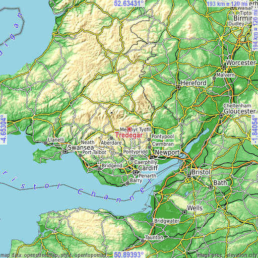 Topographic map of Tredegar