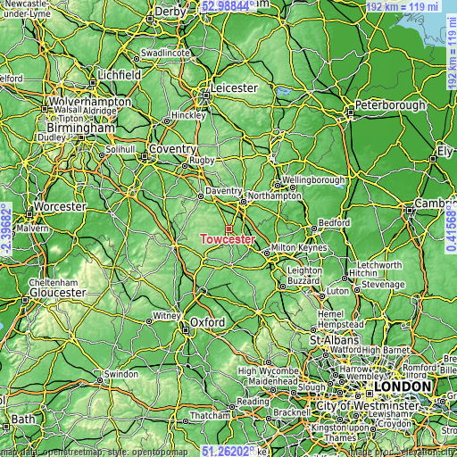 Topographic map of Towcester