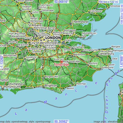 Topographic map of Tonbridge