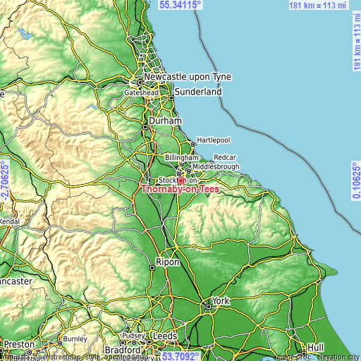 Topographic map of Thornaby-on-Tees