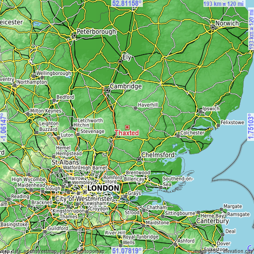 Topographic map of Thaxted