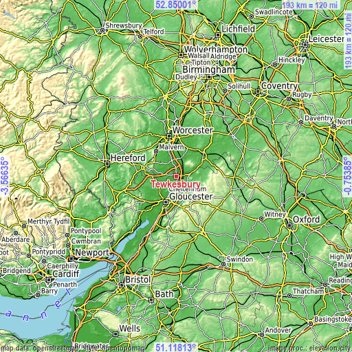 Topographic map of Tewkesbury