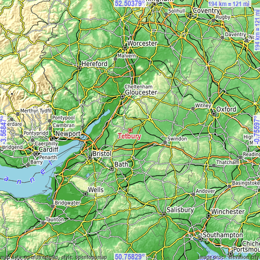 Topographic map of Tetbury