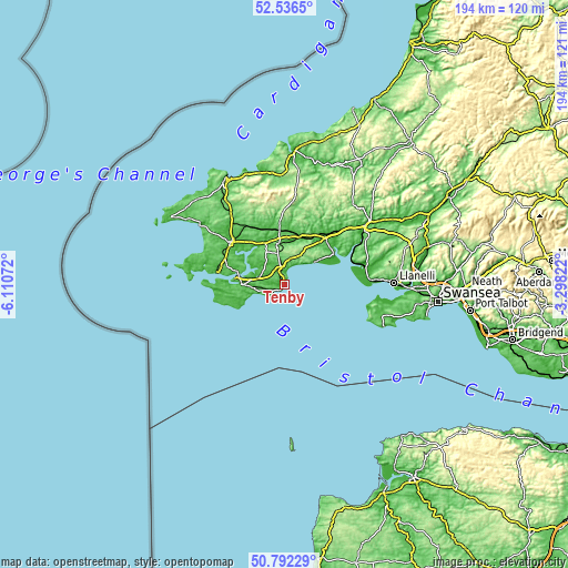 Topographic map of Tenby