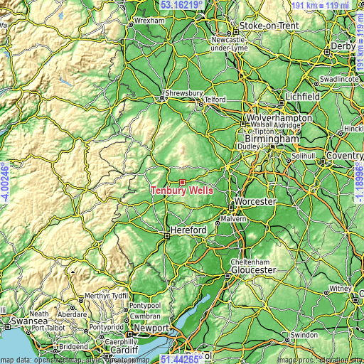 Topographic map of Tenbury Wells