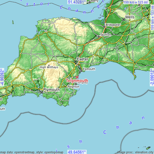 Topographic map of Teignmouth