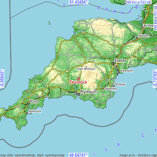 Topographic map of Tavistock
