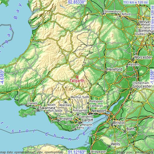 Topographic map of Talgarth