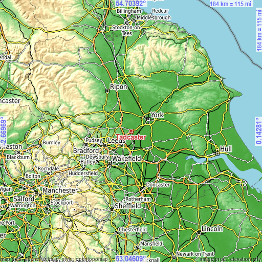 Topographic map of Tadcaster