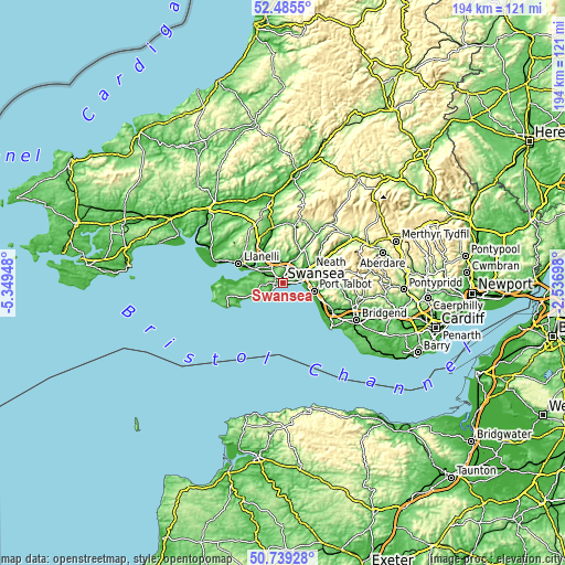 Topographic map of Swansea
