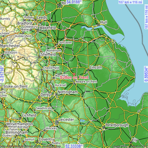 Topographic map of Sutton on Trent
