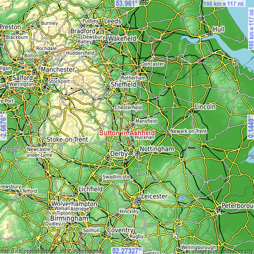Topographic map of Sutton in Ashfield