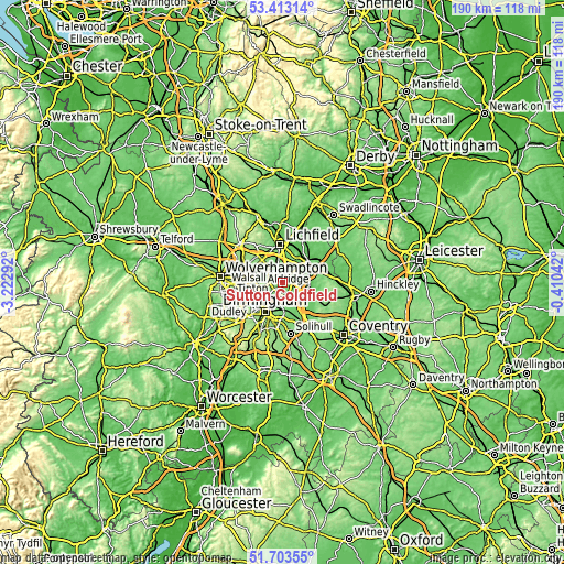 Topographic map of Sutton Coldfield