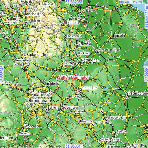 Topographic map of Sutton Bonington